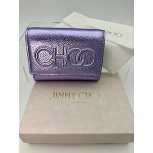 Jimmy Choo Loni Wallet Purple Metallic Leather Embossed Logo Tri-Fold Card Case